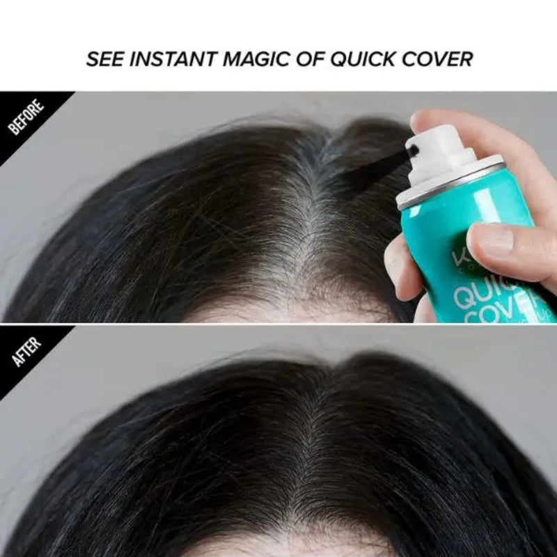 Before and after comparison of hair product application with a hand holding a can labeled 'Quick Cover'.