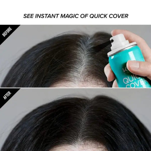 Before and after comparison of hair product application with a hand holding a can labeled 'Quick Cover'.