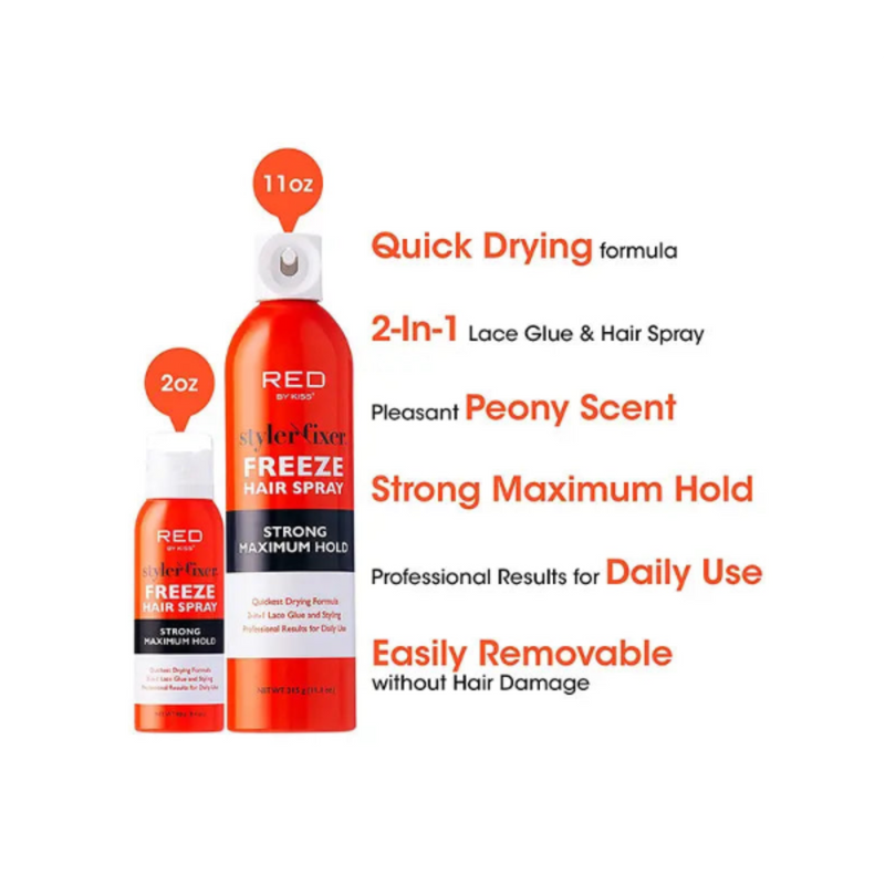Hair spray product with features listed on a white background