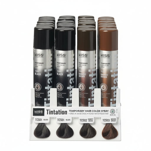 Set of Kiss Tintation Temporary Hair Color Spray bottles in various shades on a white background.