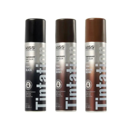 Three bottles of Kiss Tintation Temporary Hair Color Sprays on a white background