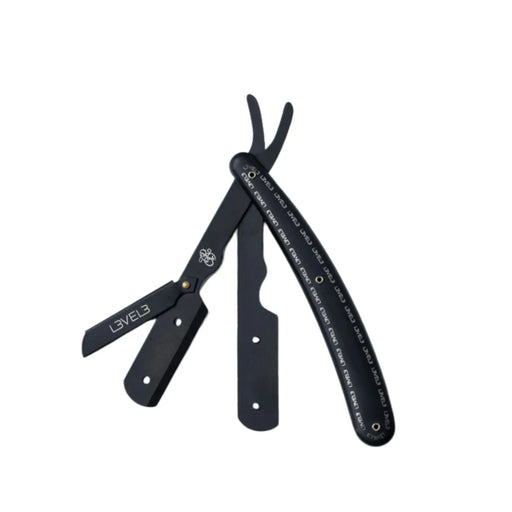 A black straight razor with 'LEVEL3' branding on a white background