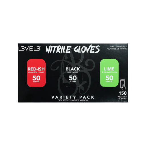 Box of Level 3 Nitrile Gloves in red, black, and lime colors on a white background
