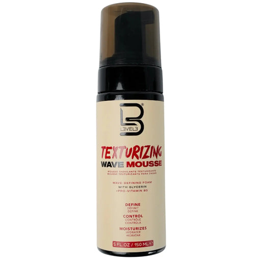Texturizing wave mousse bottle with black cap on a white background