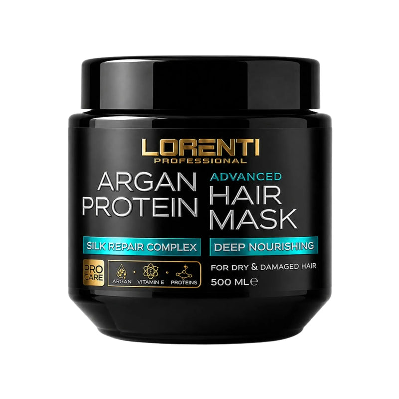 A black plastic jar of Lorenti Professional Argan Protein Advanced Hair Mask with gold and teal text on a white background.