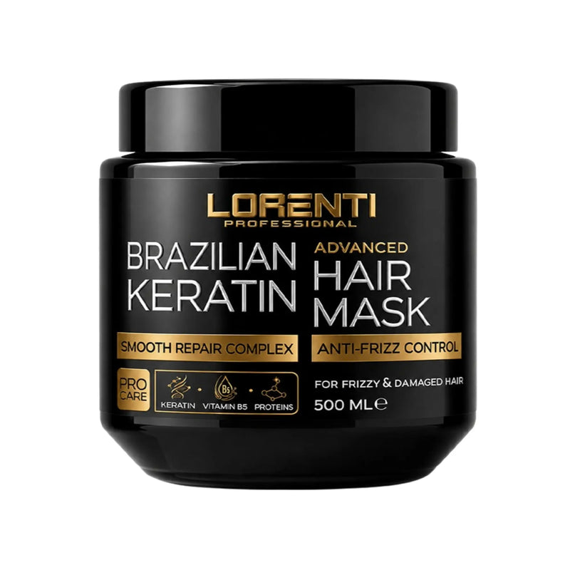 A black jar of Lorenti Professional Brazilian Keratin Advanced Hair Mask on a plain white background.