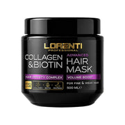 A black plastic jar of Lorenti Professional Collagen & Biotin Advanced Hair Mask with purple and gold text accents, shown on a plain white background.