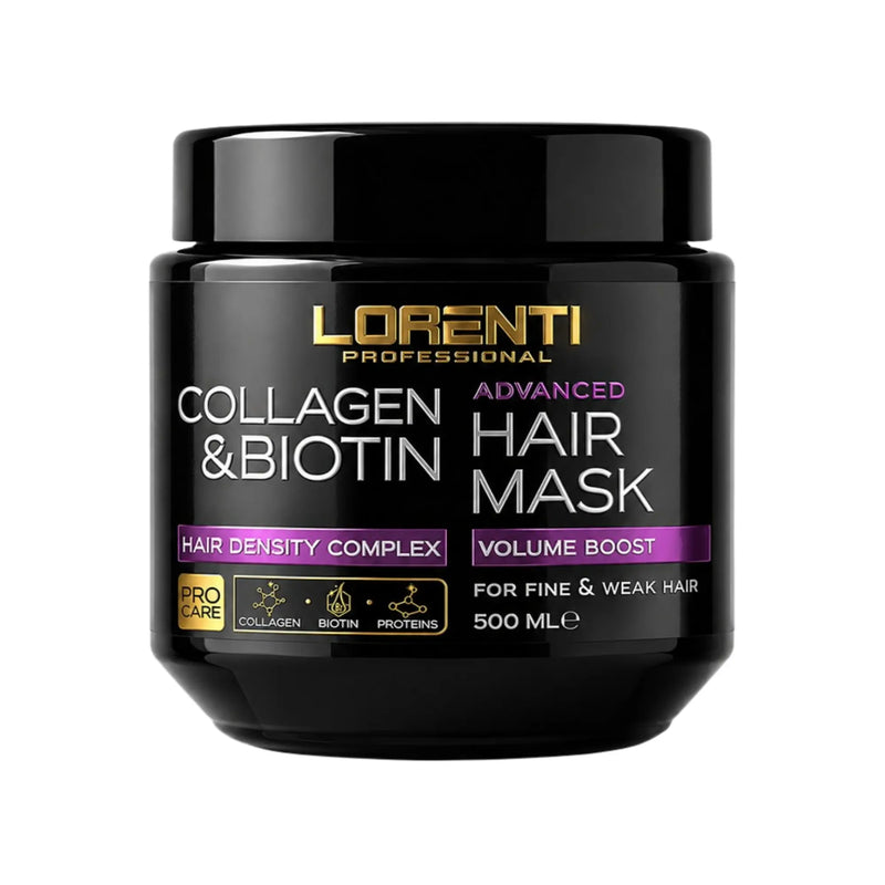 A black plastic jar of Lorenti Professional Collagen & Biotin Advanced Hair Mask with purple and gold text accents, shown on a plain white background.