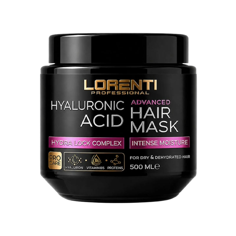 A black plastic jar of Lorenti Professional Hyaluronic Acid Advanced Hair Mask with a black lid, featuring gold, white, and magenta text on the label, set against a plain white background.
