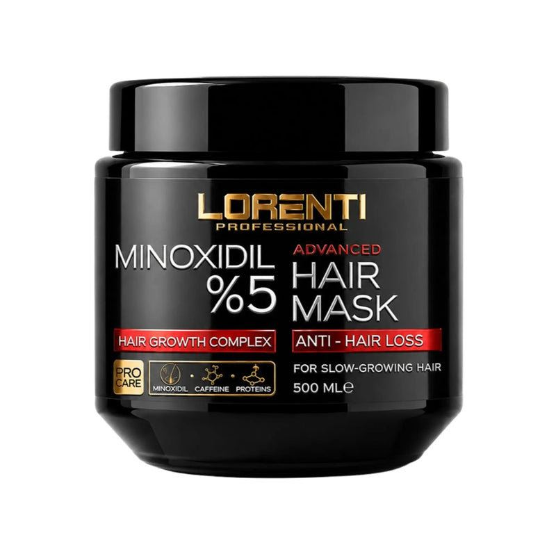 A black plastic jar of Lorenti Professional Minoxidil %5 Advanced Hair Mask with gold, white, and red text on the label, set against a plain white background.