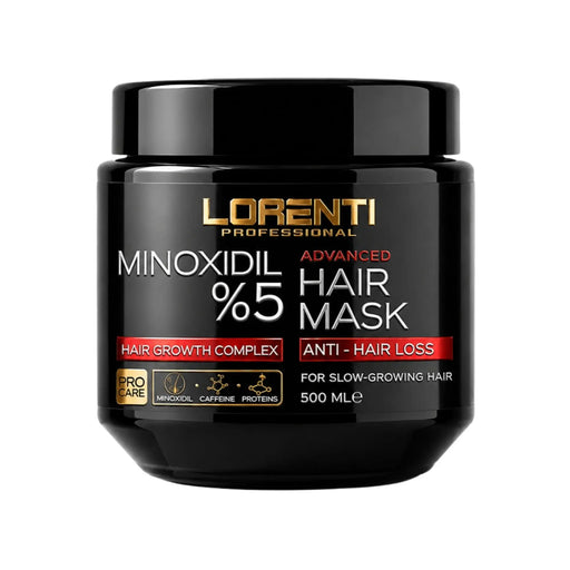 A black plastic jar of Lorenti Professional Minoxidil %5 Advanced Hair Mask with gold, white, and red text on the label, set against a plain white background.
