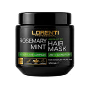 A black plastic jar of Lorenti Professional Rosemary Mint Hair Mask with a black lid, featuring a black label with gold, white, and green text and graphics, set against a plain white background.