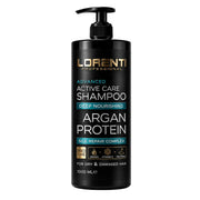 A 1000 ml black pump bottle of Lorenti Professional Advanced Active Care Shampoo with Argan Protein, shown on a solid white background.