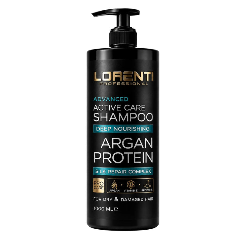 A 1000 ml black pump bottle of Lorenti Professional Advanced Active Care Shampoo with Argan Protein, shown on a solid white background.