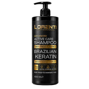 A 1000 ml black pump bottle of Lorenti Professional Advanced Active Care Shampoo with Brazilian Keratin, featuring gold and white text on a clean white background.