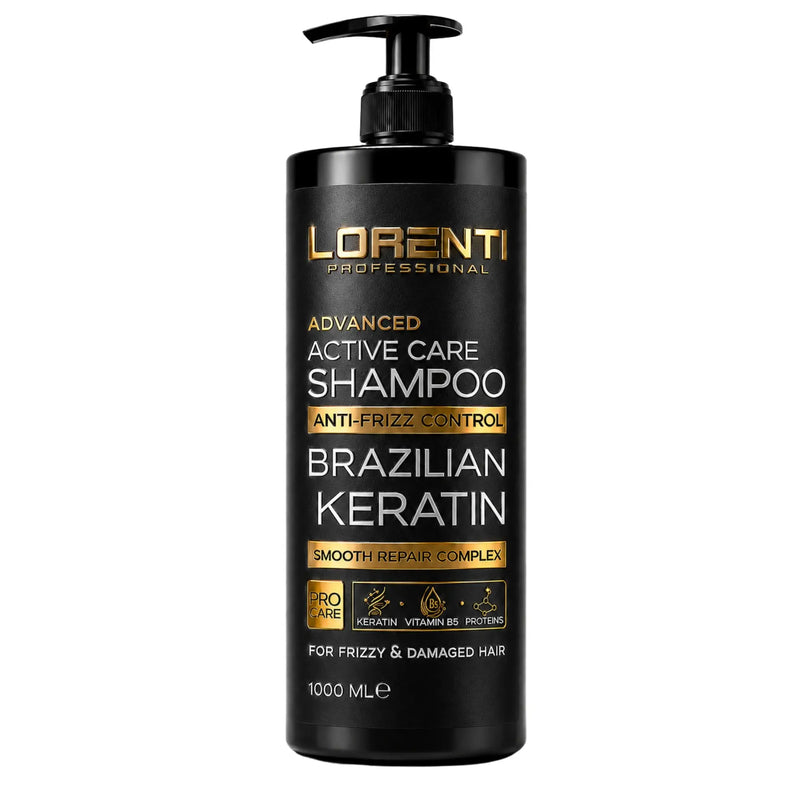 A 1000 ml black pump bottle of Lorenti Professional Advanced Active Care Shampoo with Brazilian Keratin, featuring gold and white text on a clean white background.