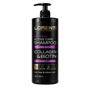 A 1000 ml black pump bottle of Lorenti Professional Collagen & Biotin Advanced Active Care Shampoo, featuring purple and gold text on a clean white background.