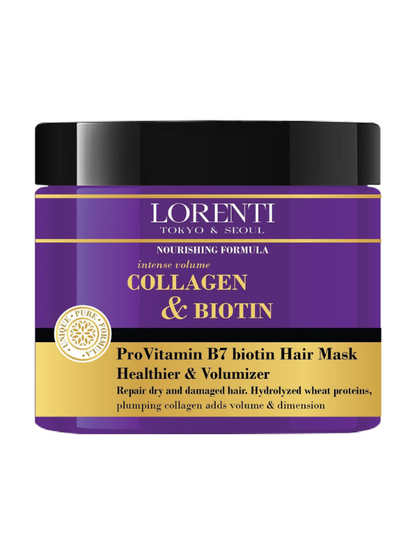 Lorenti collagen and biotin hair mask jar on a white background