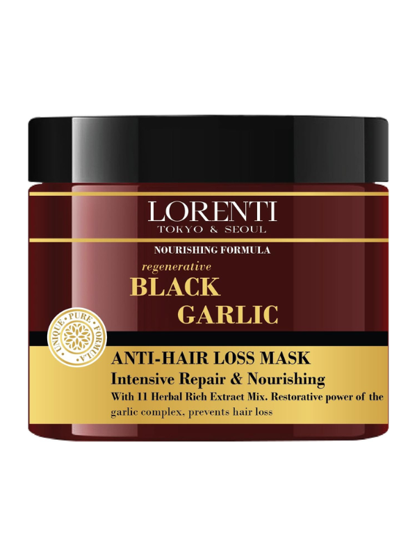 Lorenti Black Garlic anti-hair loss mask jar on a white background