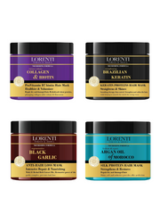 Four Lorenti hair mask jars with different ingredients on a white background