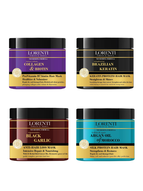 Four Lorenti hair mask jars with different ingredients on a white background