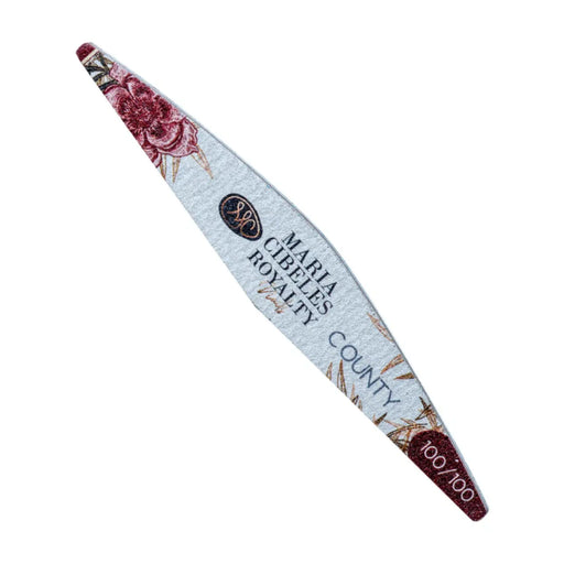 Decorative nail file with floral design and text on a white background