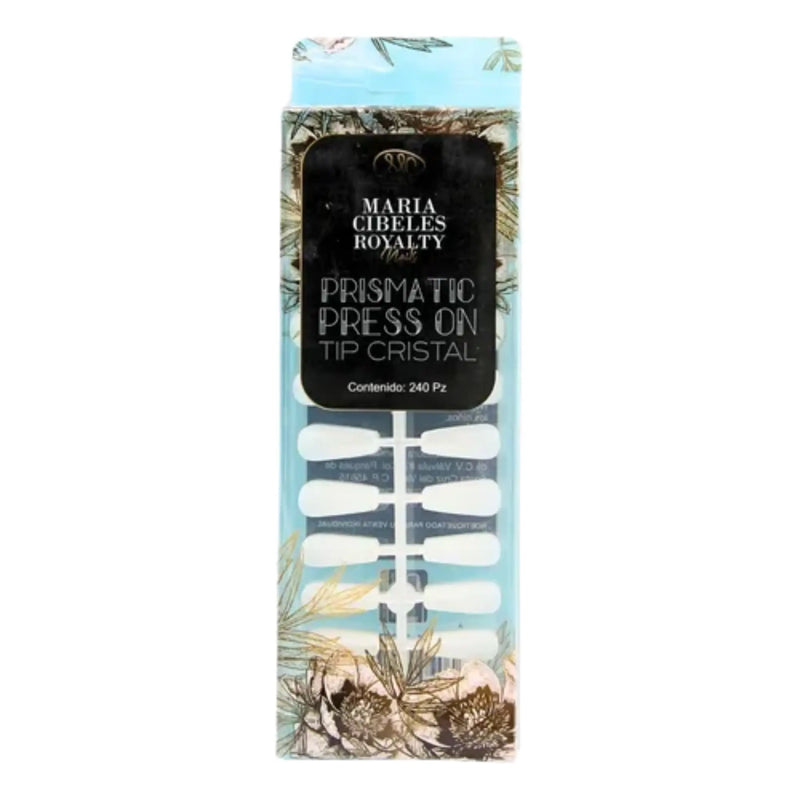 Packaging of Maria Cibeles Royalty prismatic press-on tips with decorative design on a white background