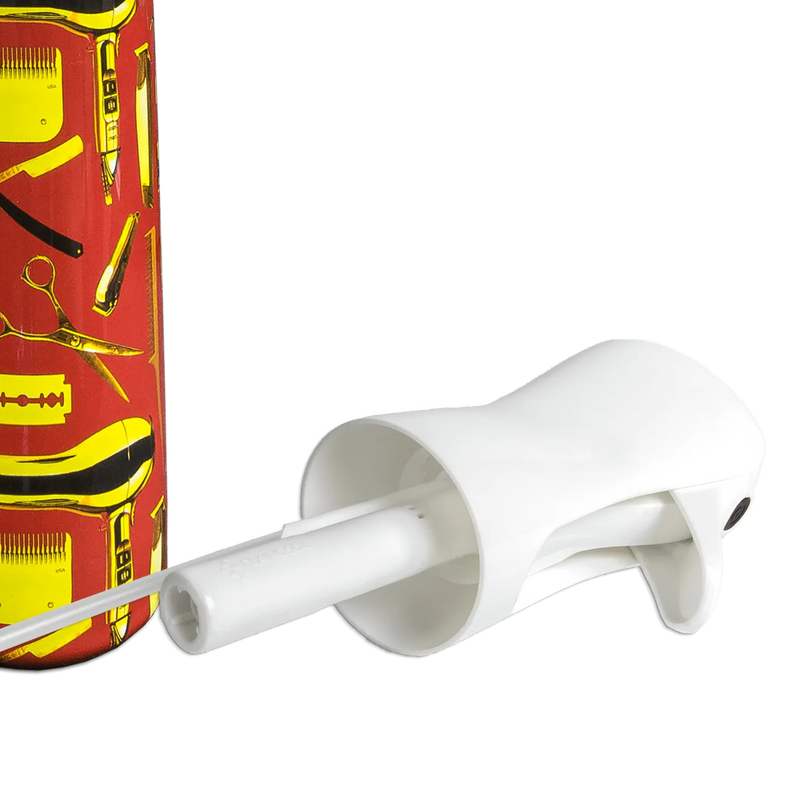 Red hair care product with white applicator on a white background