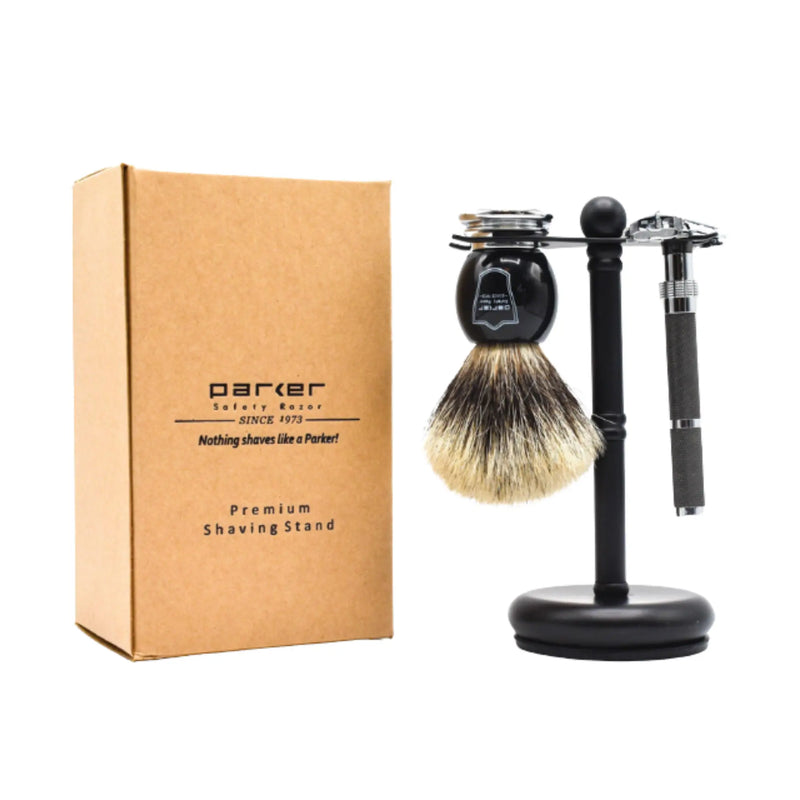 Parker Deluxe Black Safety Razor & Shave Brush Stand #PARKBLACKSTD Box