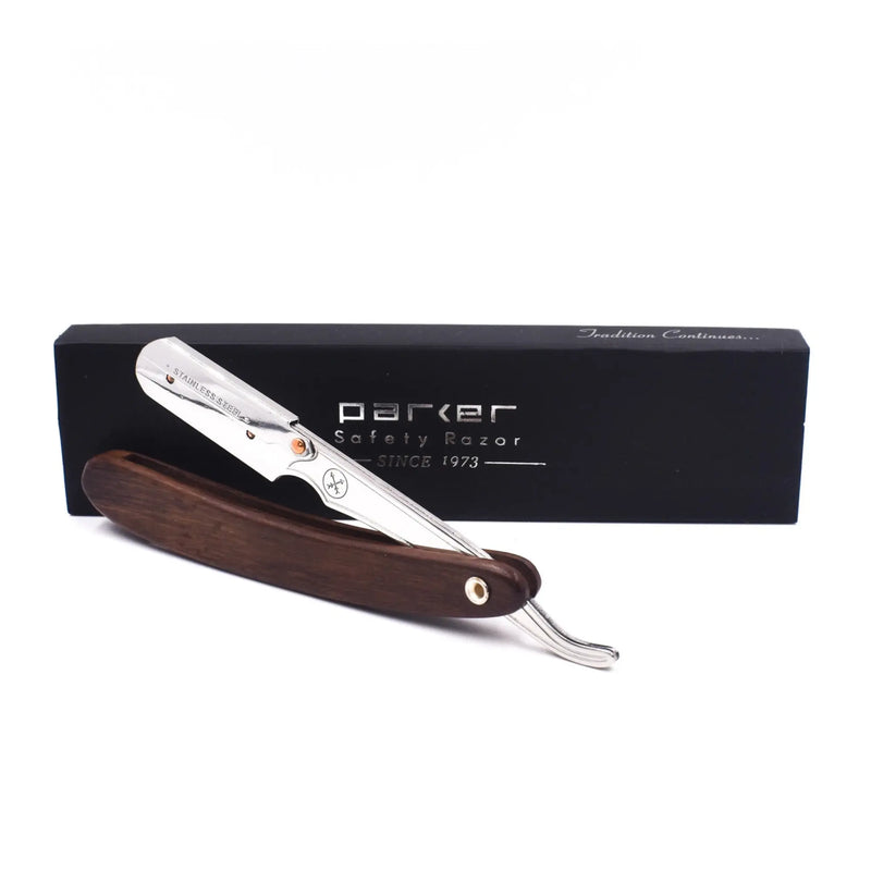 Navaja de barbero de hoja recta tipo clip con mango de madera de palisandro oscuro Parker SRDW