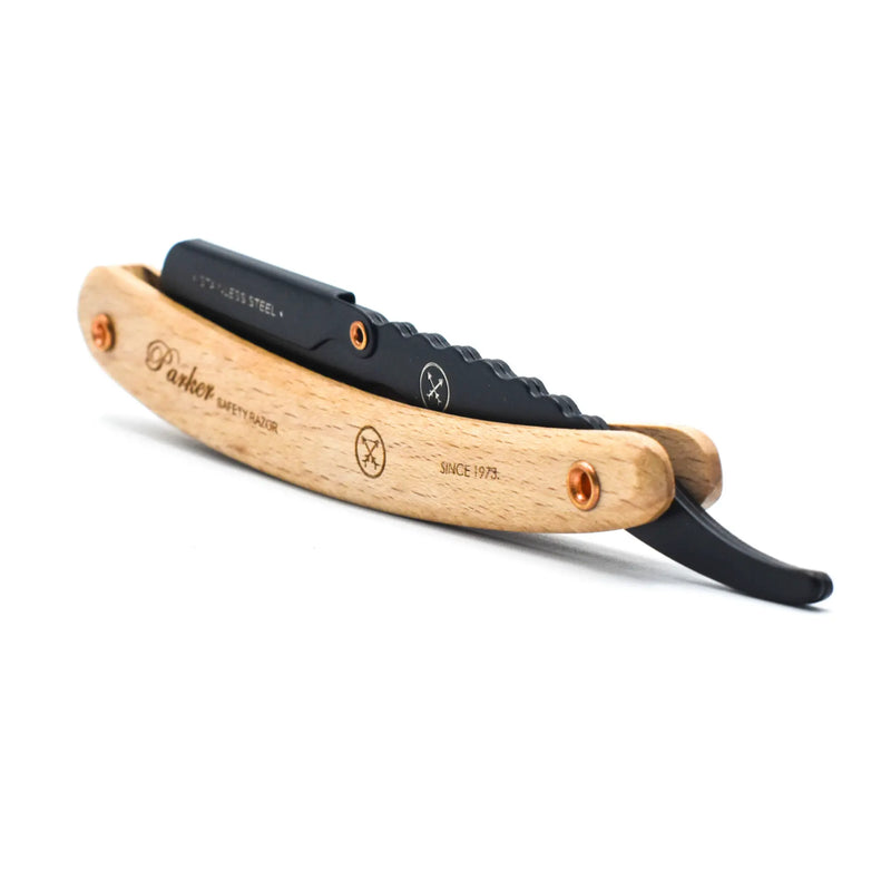 Navaja de afeitar recta tipo barbero Parker SRP de pino y clip de acero inoxidable