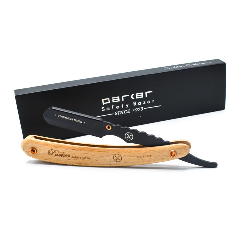 Navaja de afeitar recta tipo barbero Parker SRP de pino y clip de acero inoxidable