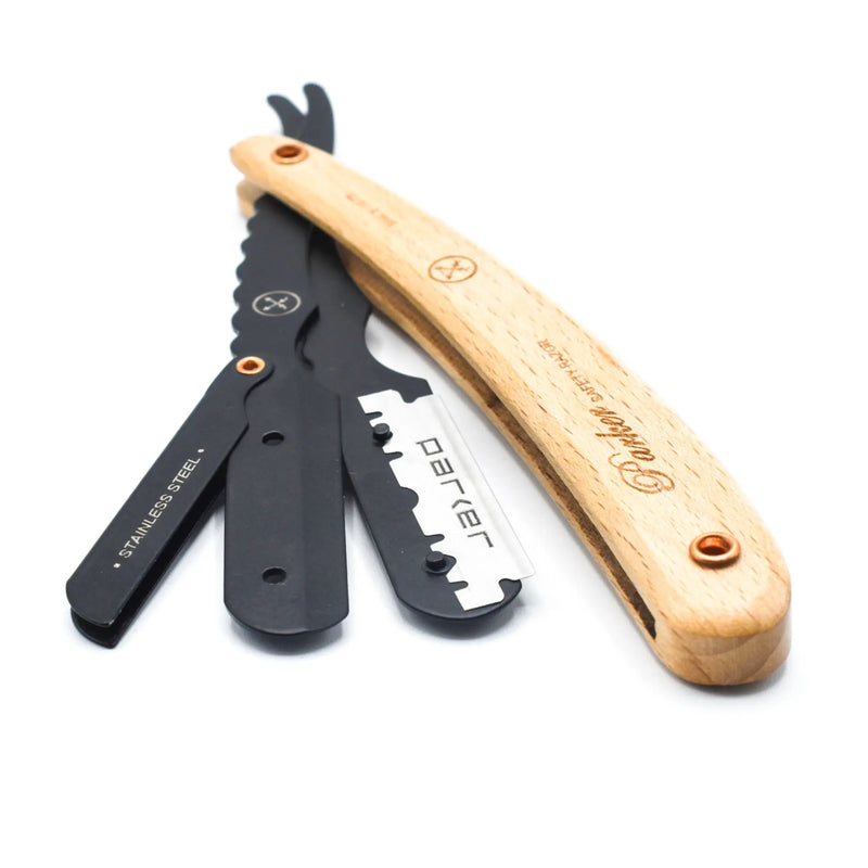 Navaja de afeitar recta tipo barbero Parker SRP de pino y clip de acero inoxidable