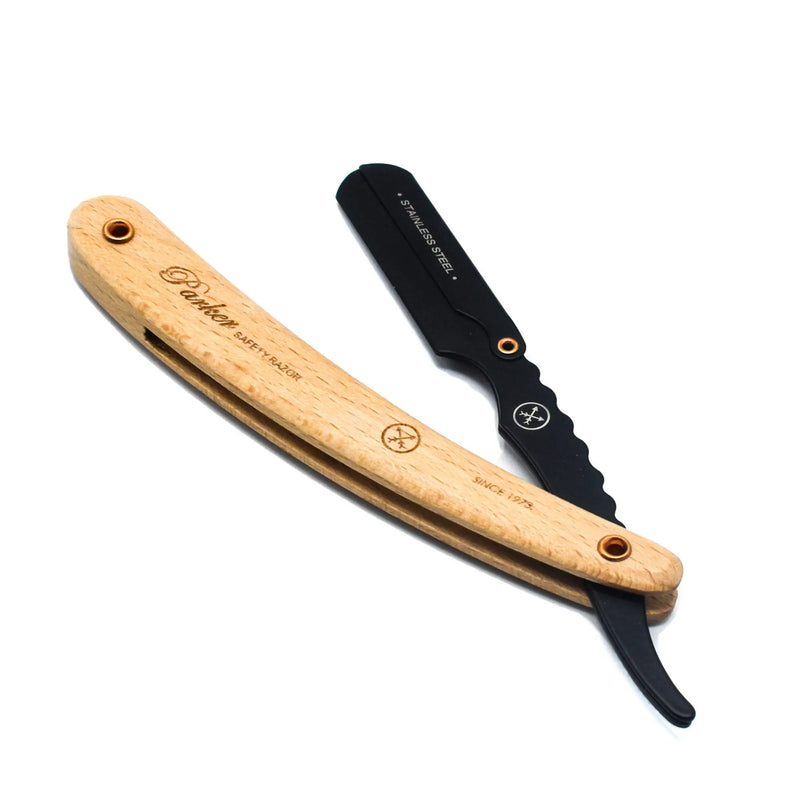 Navaja de afeitar recta tipo barbero Parker SRP de pino y clip de acero inoxidable