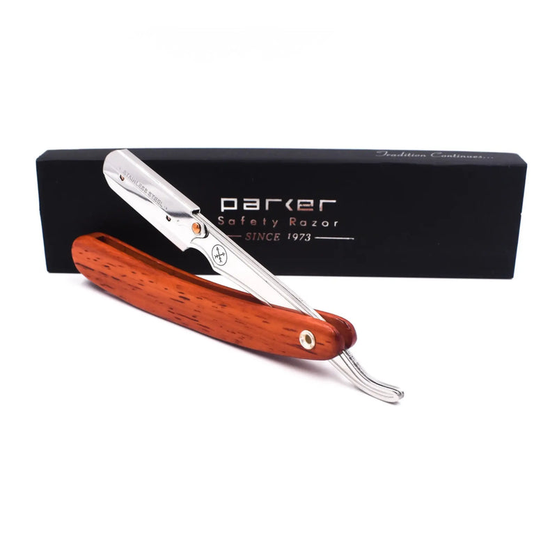 Navaja de barbero de afeitado recto Parker SRRW con mango de palo de rosa y clip