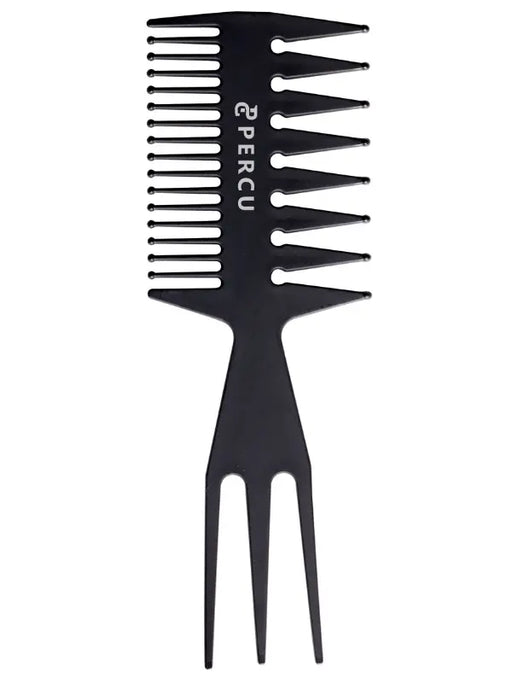 Black comb with multiple prongs on a white background