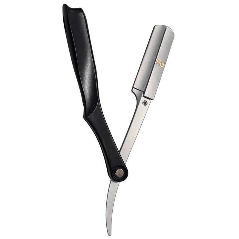 Percu Professional Magnetic Straight Razor with black ABS handle and chrome arm semi open