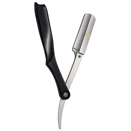 Percu Professional Magnetic Straight Razor with black ABS handle and chrome arm semi open