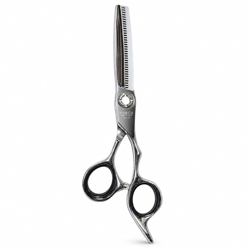 Percu NO LOOK 6-inch thinning shear front view on white background, silver steel and semi-offset black finger rings