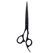 Black professional hair shears with long, slender blades and ergonomic loop handles, shown against a plain white background.