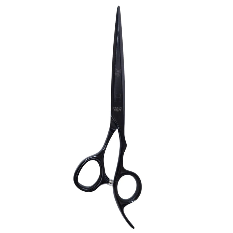 Black professional hair shears with long, slender blades and ergonomic loop handles, shown against a plain white background.