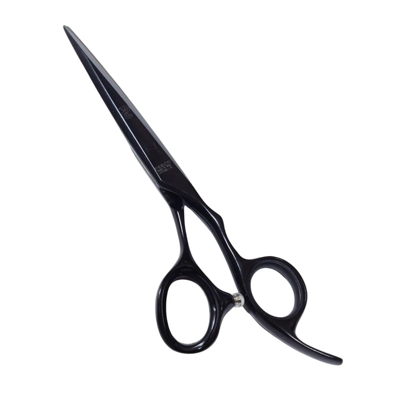 Black professional hair shears with a polished finish, shown diagonally on a solid white background.