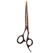 A pair of professional hairdressing shears with a metallic rose gold finish and black finger rings, shown against a plain white background.