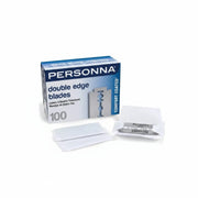 A box of PERSONNA double edge blades with several white disposable razor blades and a single blade in its paper sleeve displayed in front on a white background.