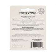 Back of a PERSONNA Platinum Diamond Glide GEM Double Edge Blade package insert card, showing product specifications, warnings, and a barcode on a white background.