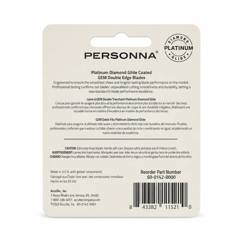 Back of a PERSONNA Platinum Diamond Glide GEM Double Edge Blade package insert card, showing product specifications, warnings, and a barcode on a white background.