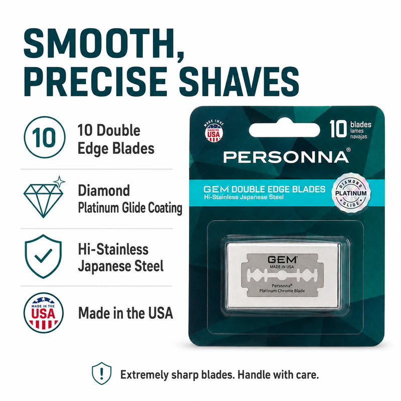 PERSONNA Gem double edge blades retail package on a white background with feature callouts: 10 double edge blades, diamond platinum glide coating, hi-stainless Japanese steel, and made in the USA.