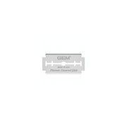 Shiny metal razor blade with 'GEM' branding on a white background
