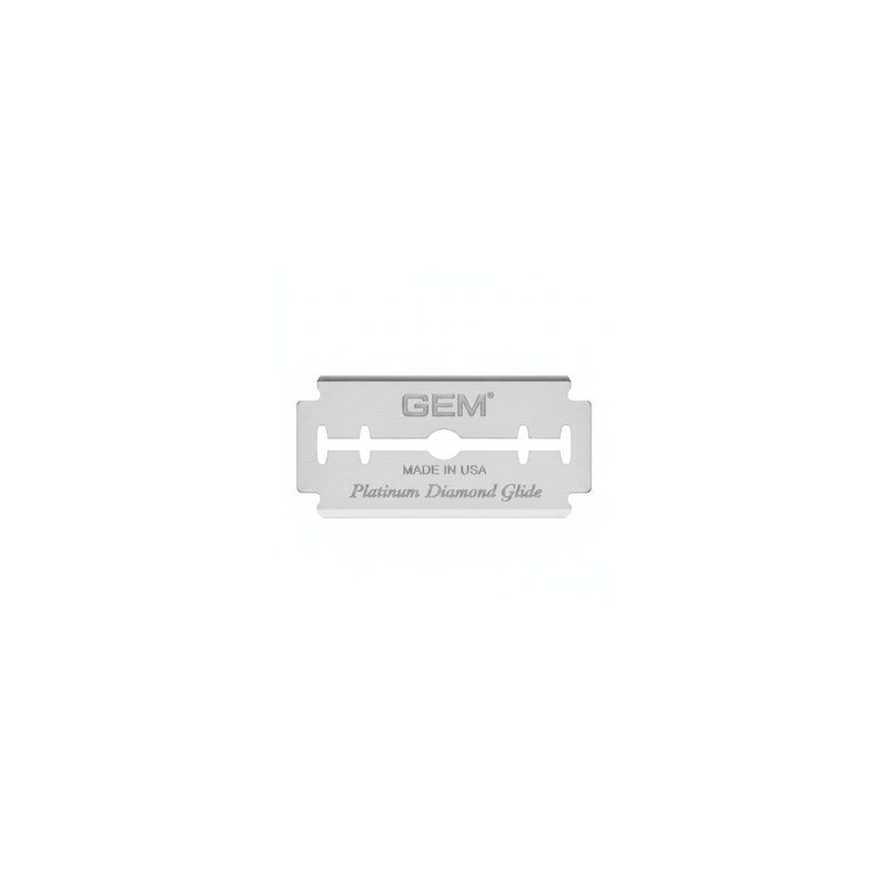 Shiny metal razor blade with 'GEM' branding on a white background