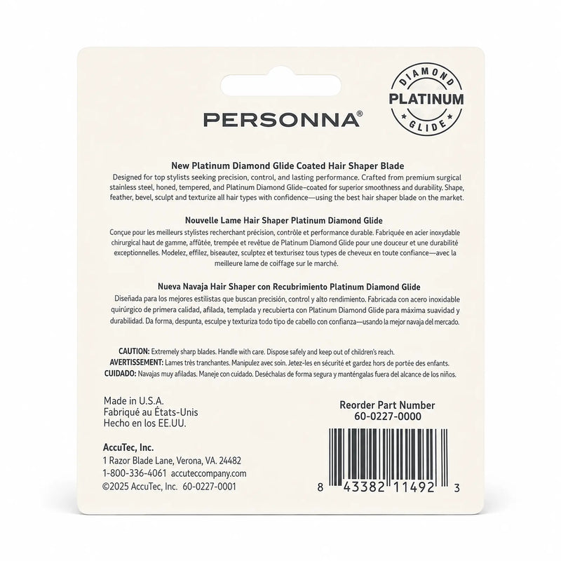 Back of a Persona brand hair shaper package or insert card, showing product text, a circular diamond logo, barcode, and AccuTec Inc. contact information on a white background.